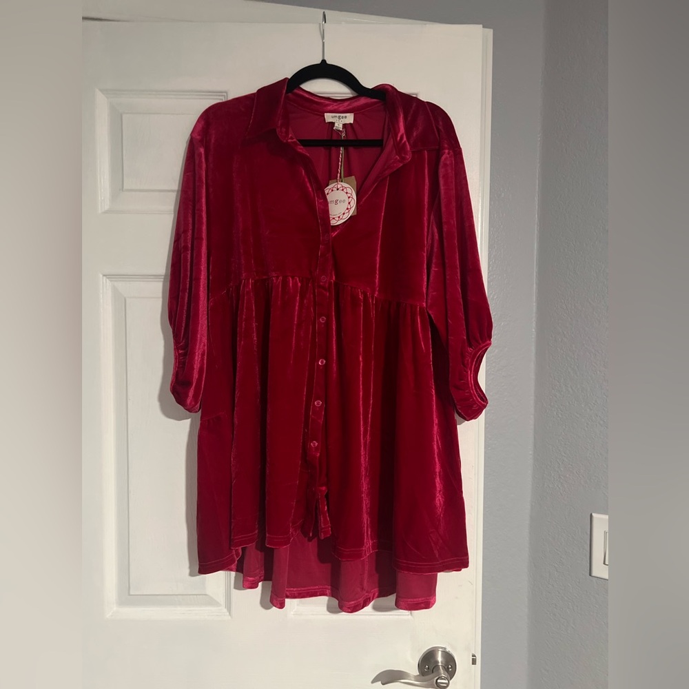 Velvet High-Low Button-Front Dress - Red